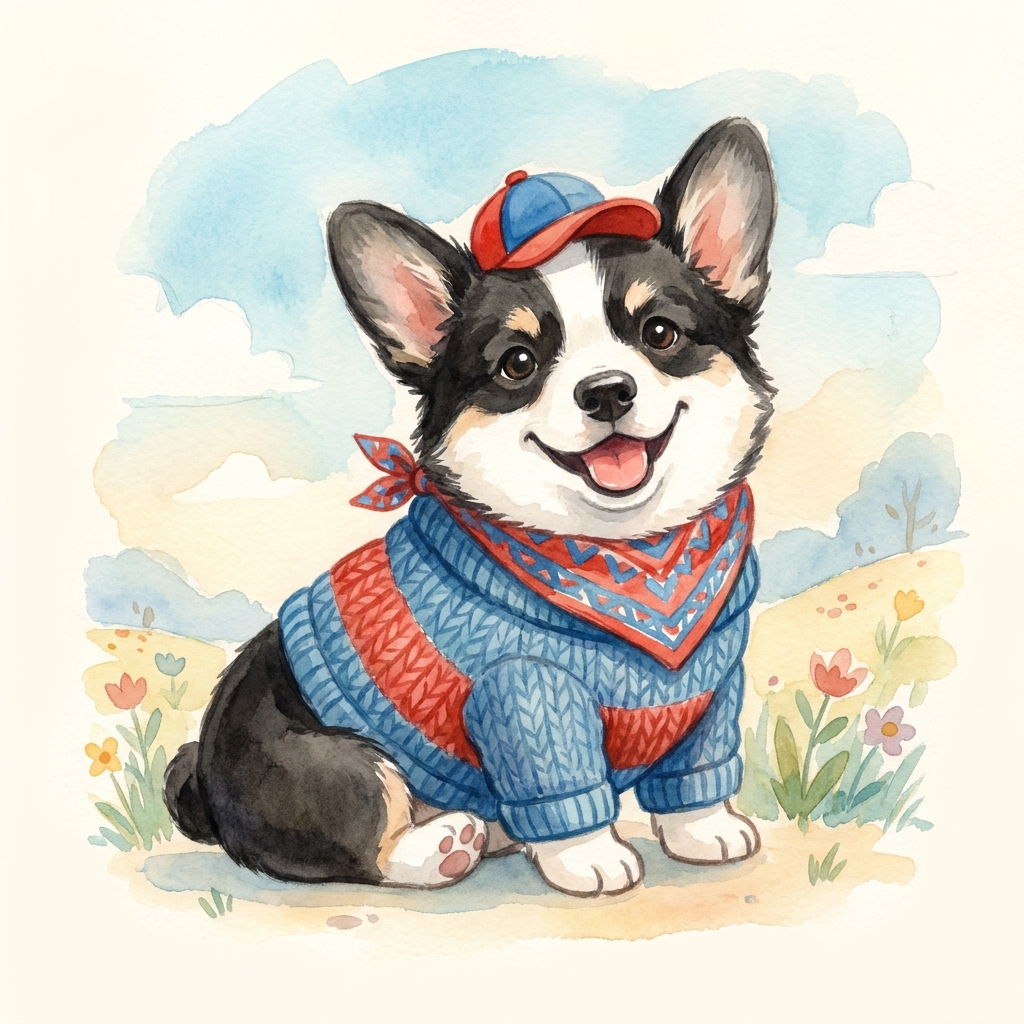 Black and white corgi sitting in blue and red sweater with baseball cap
