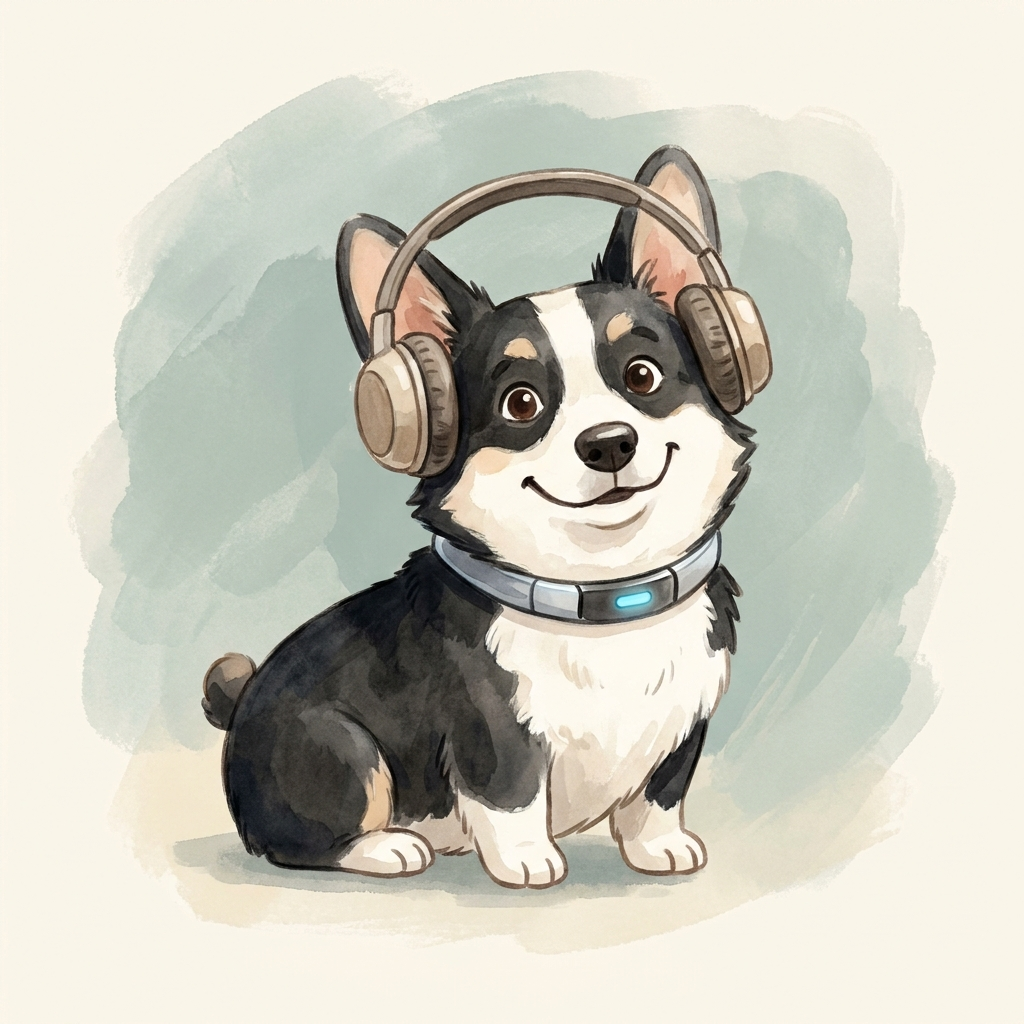 Black and white corgi with headphones and wearable collar, stub tail