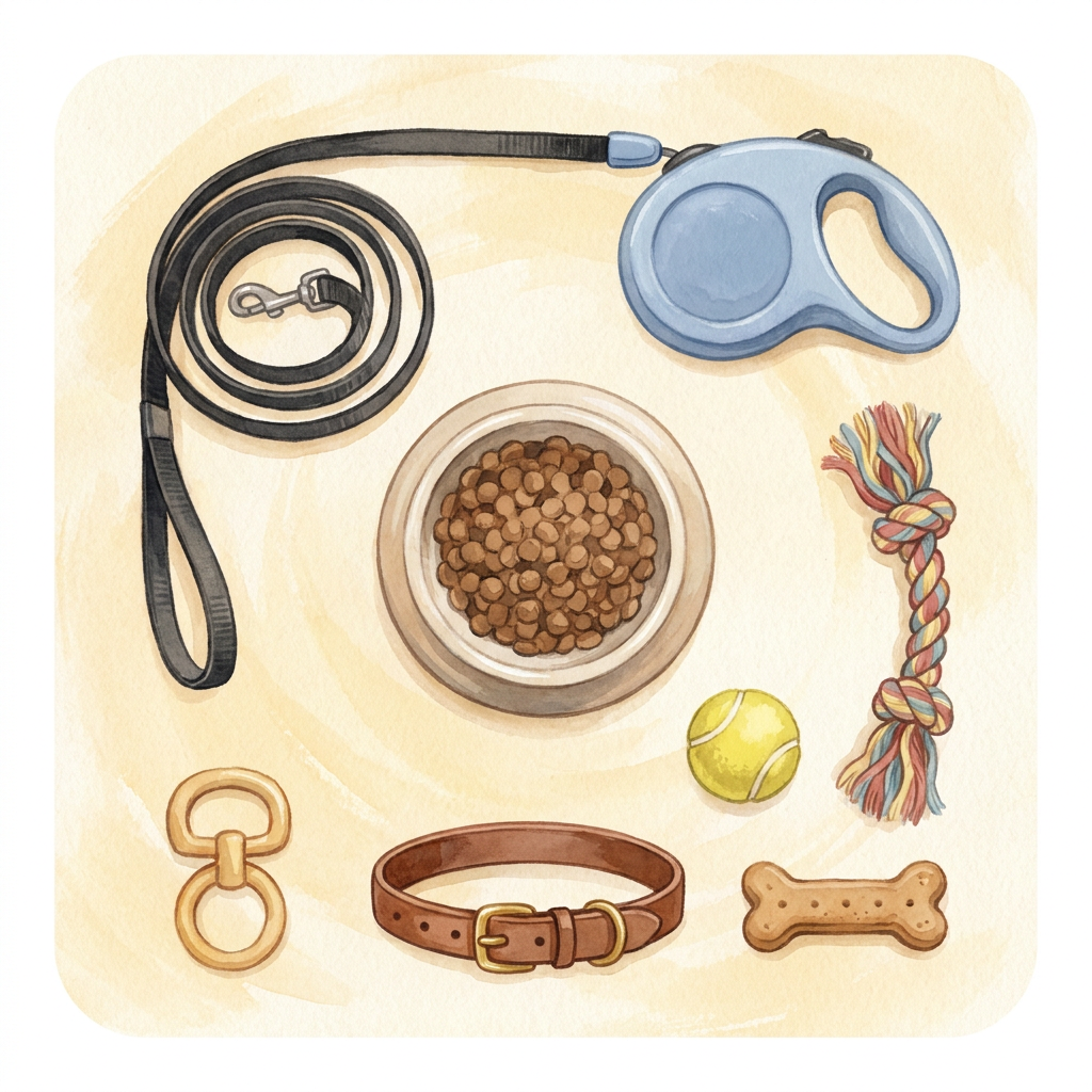 Flat-lay illustration of pet supplies: leash, bowl, toys, collar, bone
